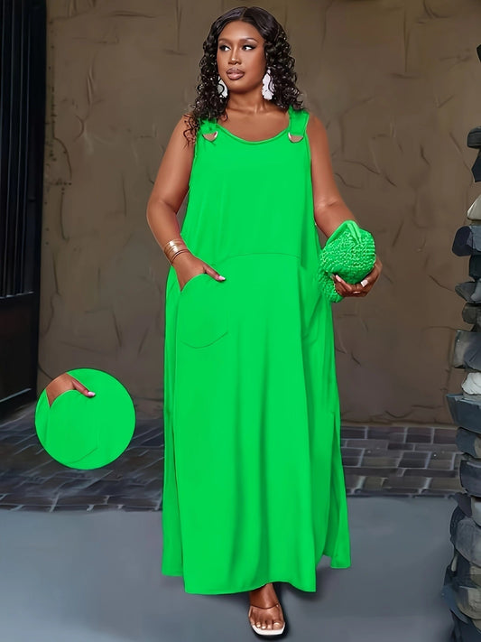 Emerald Green Plus-Size Maxi Dress with Gold Hook Straps and Pockets