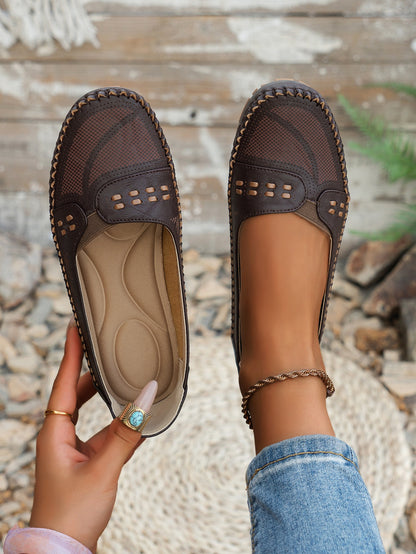 Coffee women's stitched laser-cut flat loafers