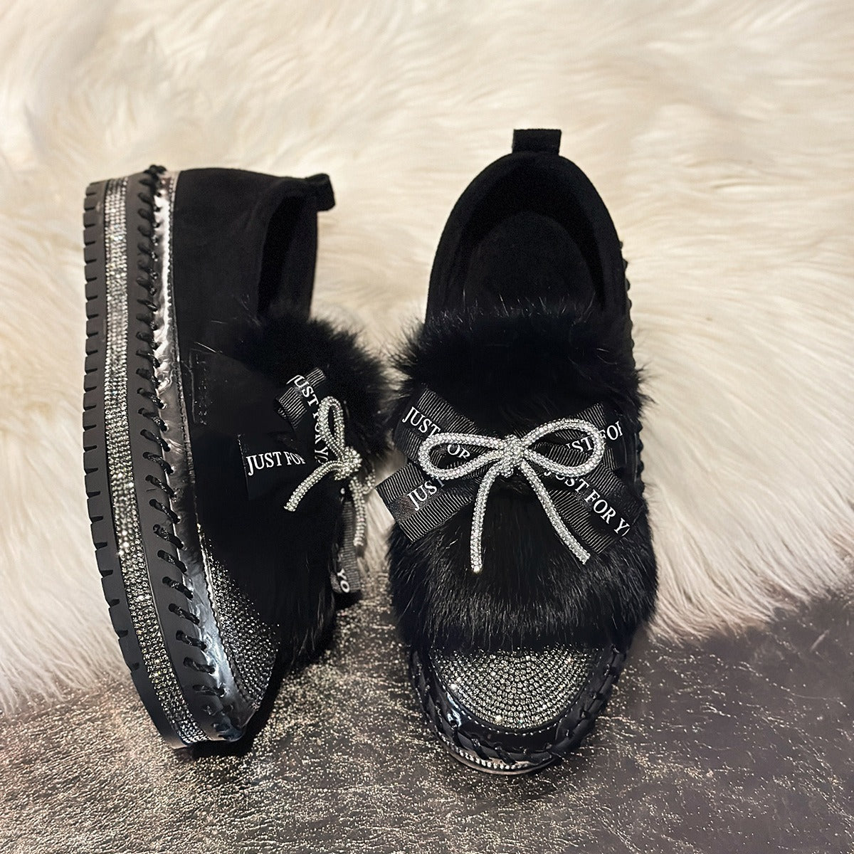 Women's Rhinestone Bow Plush Sparkly Shoes