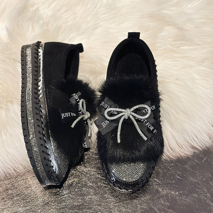 Women's Rhinestone Bow Plush Sparkly Shoes