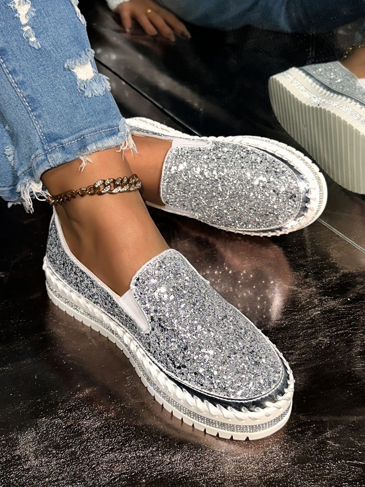 Fashionable Rhinestones Thick-Soled Loafers