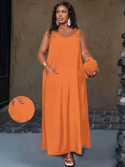 Emerald Green Plus-Size Maxi Dress with Gold Hook Straps and Pockets
