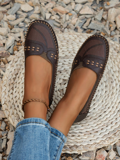 Coffee women's stitched laser-cut flat loafers