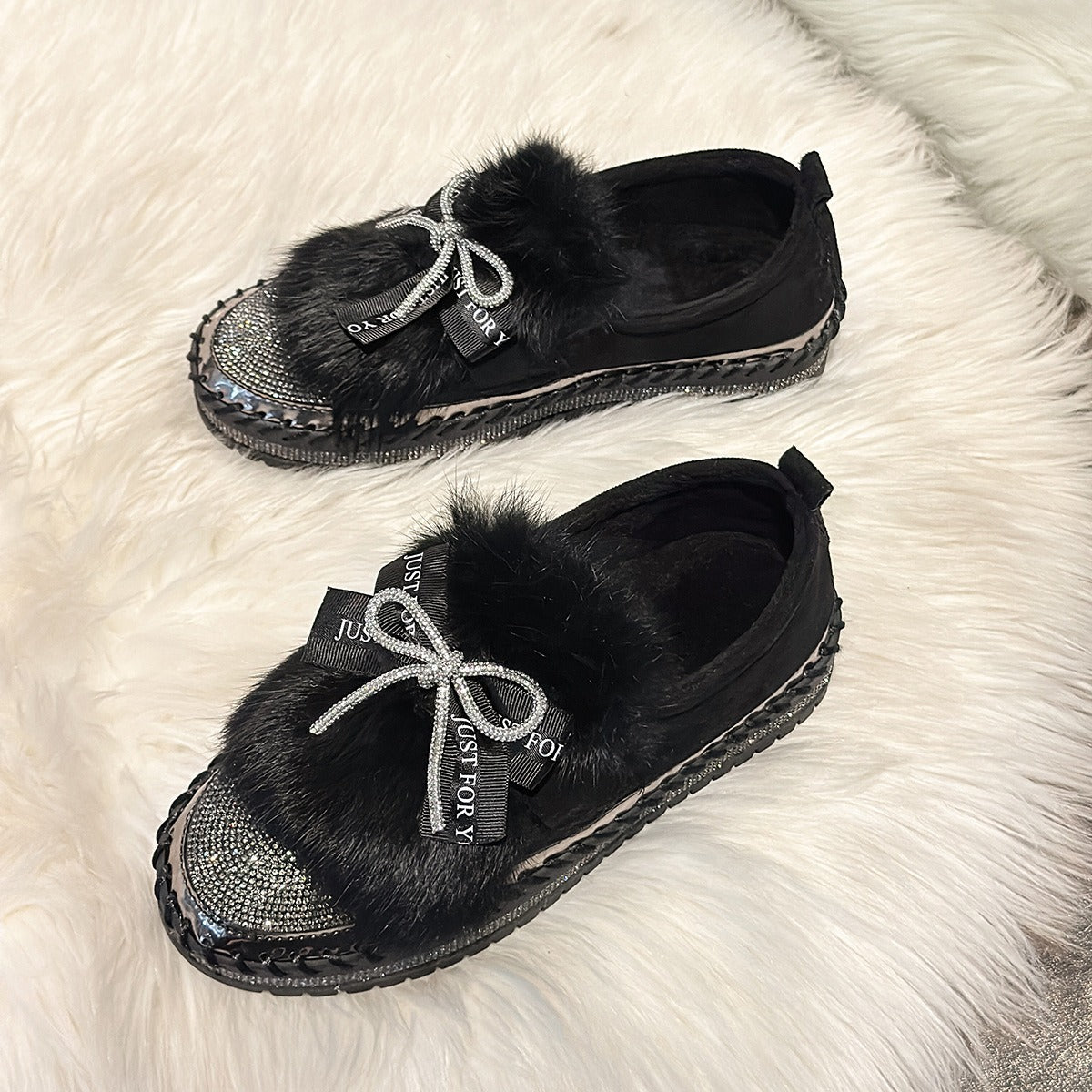 Women's Rhinestone Bow Plush Sparkly Shoes