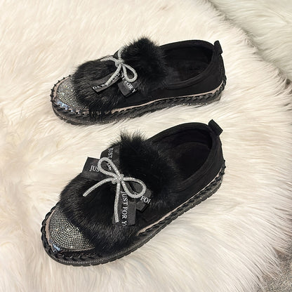 Women's Rhinestone Bow Plush Sparkly Shoes