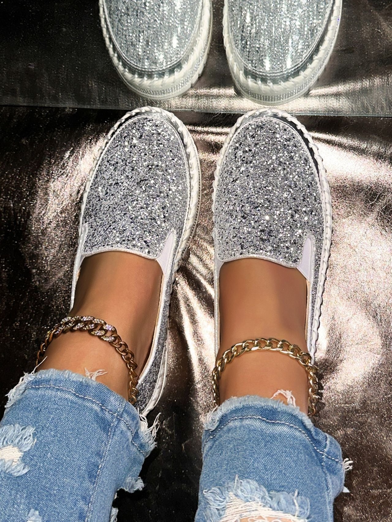 Fashionable Rhinestones Thick-Soled Loafers