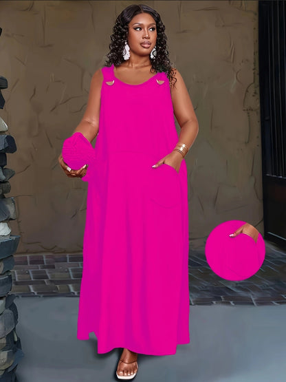 Emerald Green Plus-Size Maxi Dress with Gold Hook Straps and Pockets