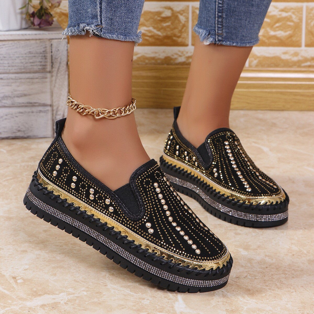 Women's Sparkling Rhinestone Casual Slip-On Platform Shoes