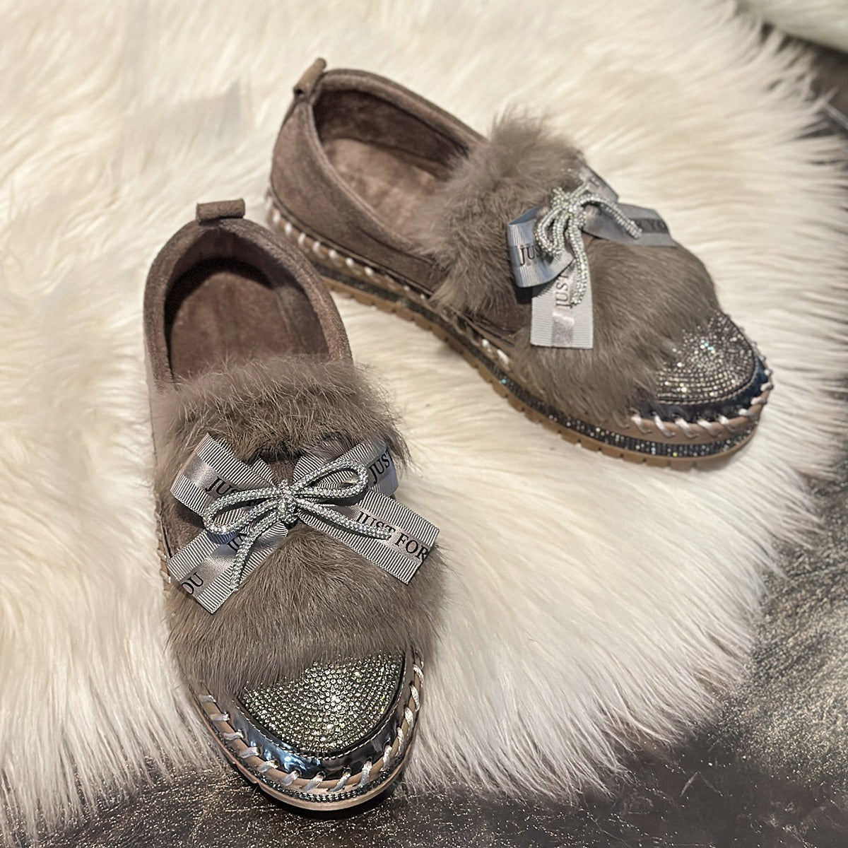 Women's Rhinestone Bow Plush Sparkly Shoes