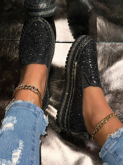 Fashionable Rhinestones Thick-Soled Loafers