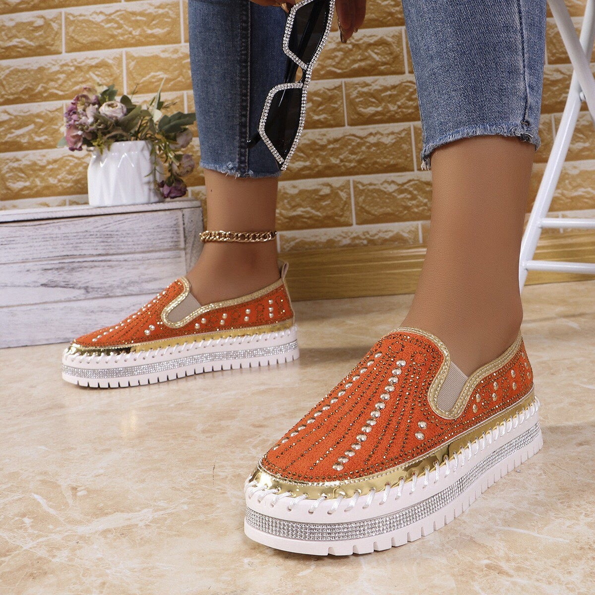 Women's Sparkling Rhinestone Casual Slip-On Platform Shoes