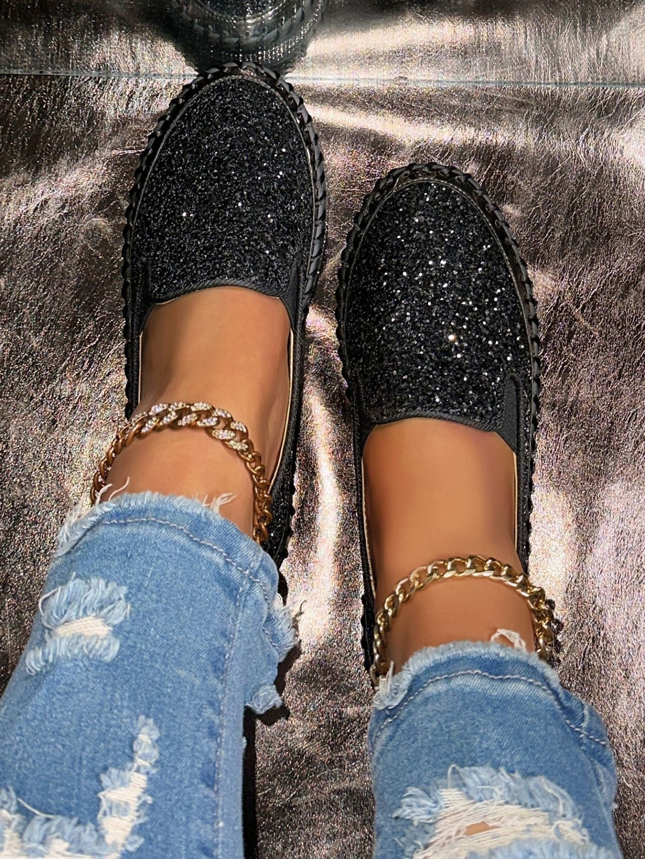 Fashionable Rhinestones Thick-Soled Loafers
