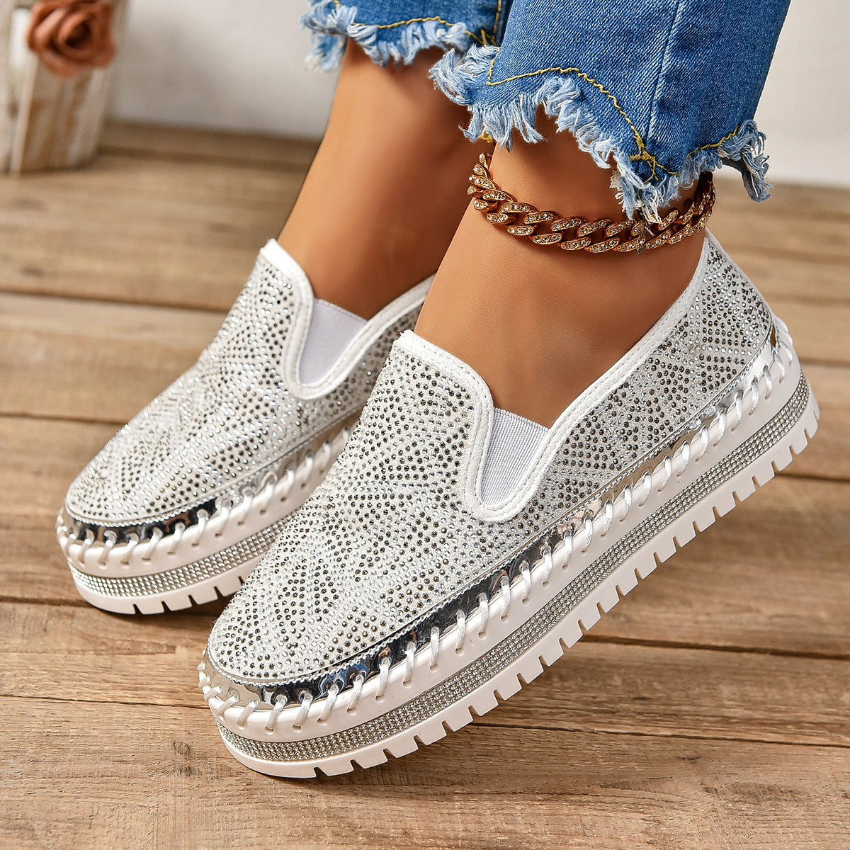 Rhinestones And Thick Platform Versatile Flat Loafers