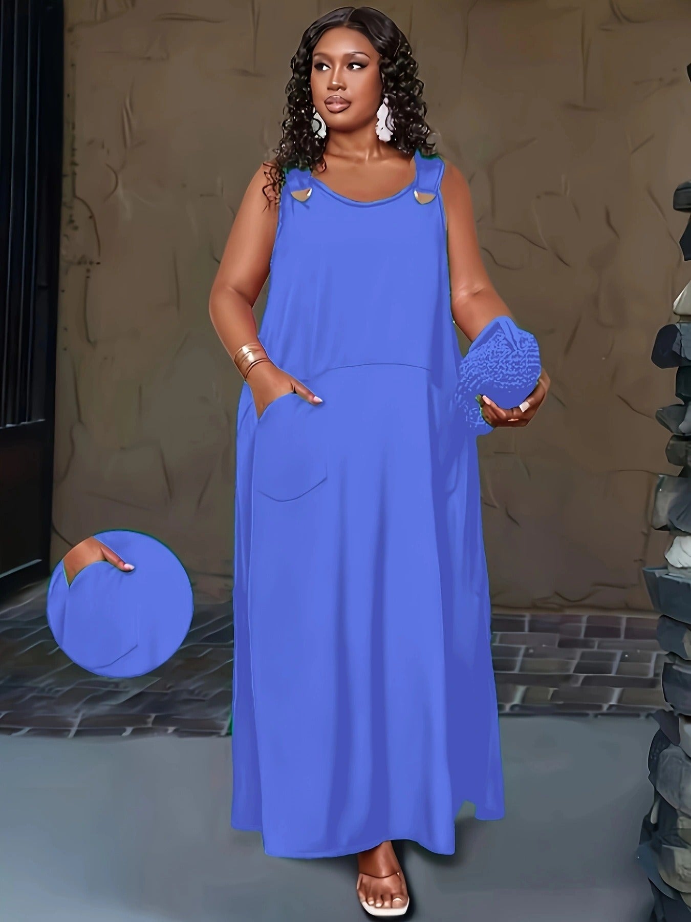 Emerald Green Plus-Size Maxi Dress with Gold Hook Straps and Pockets
