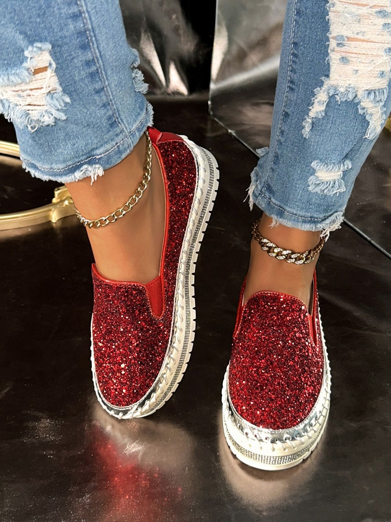 Fashionable Rhinestones Thick-Soled Loafers