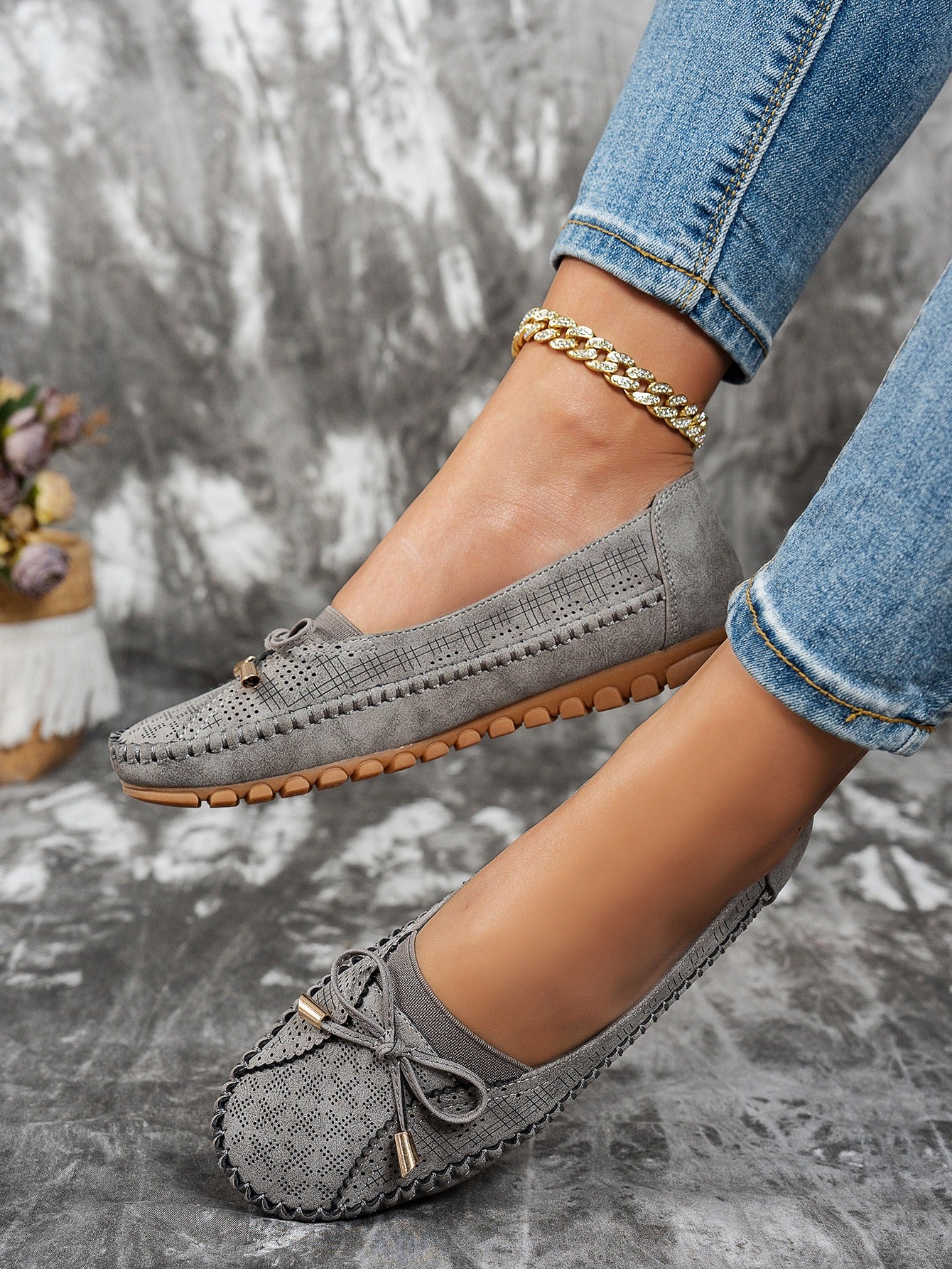 Gray women's bow flat loafers