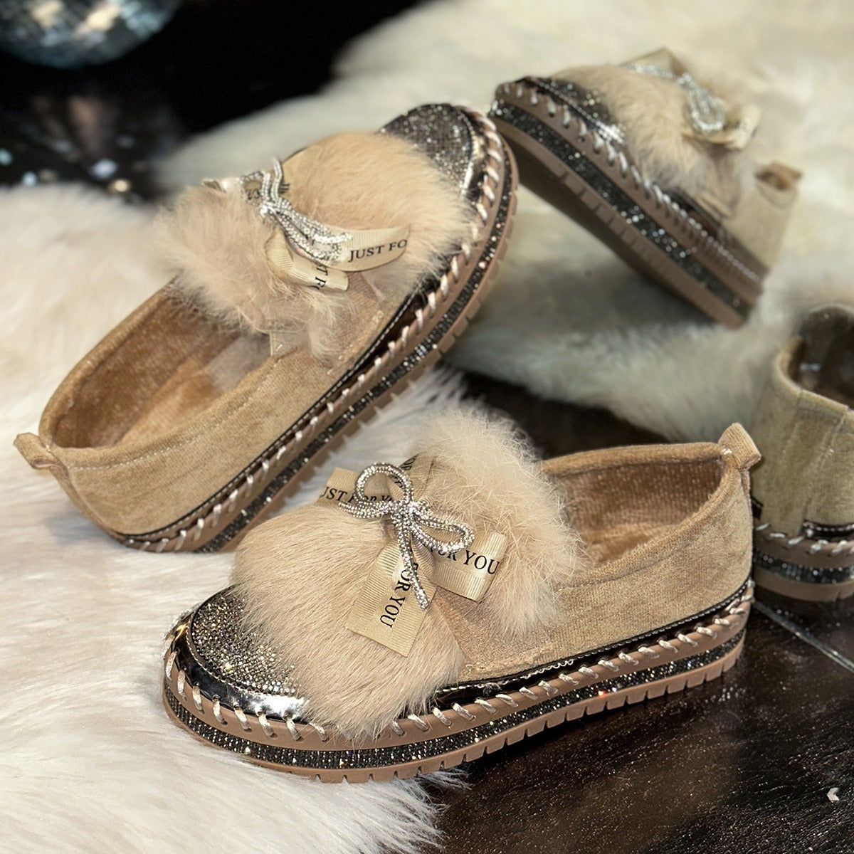 Women's Rhinestone Bow Plush Sparkly Shoes