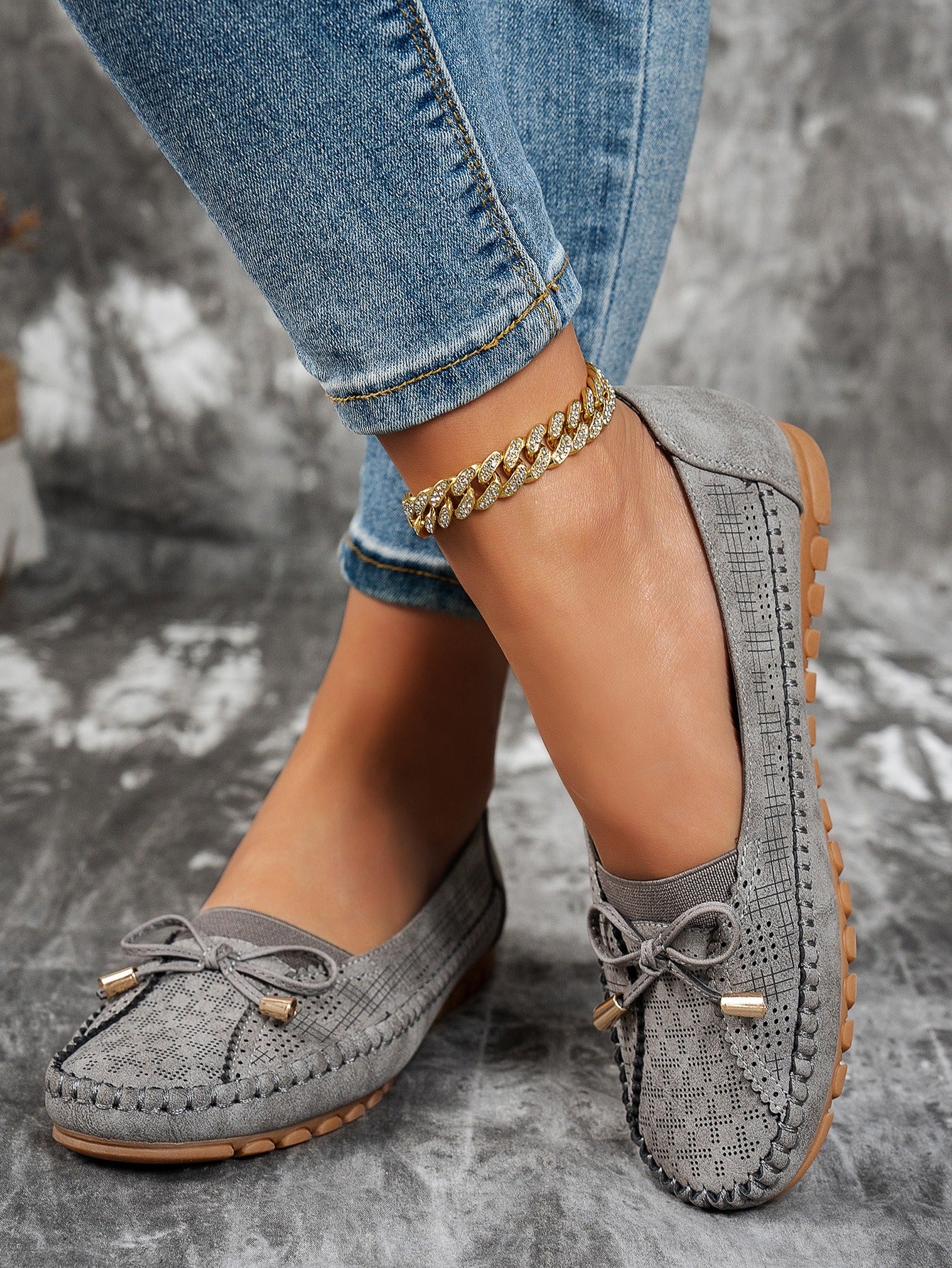 Gray women's bow flat loafers