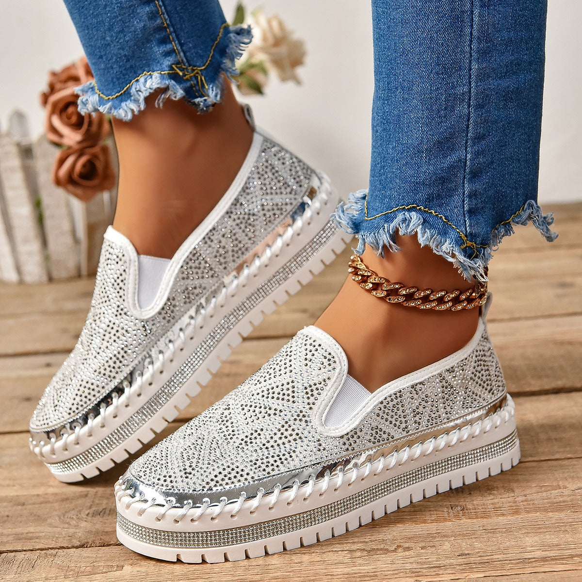 Rhinestones And Thick Platform Versatile Flat Loafers