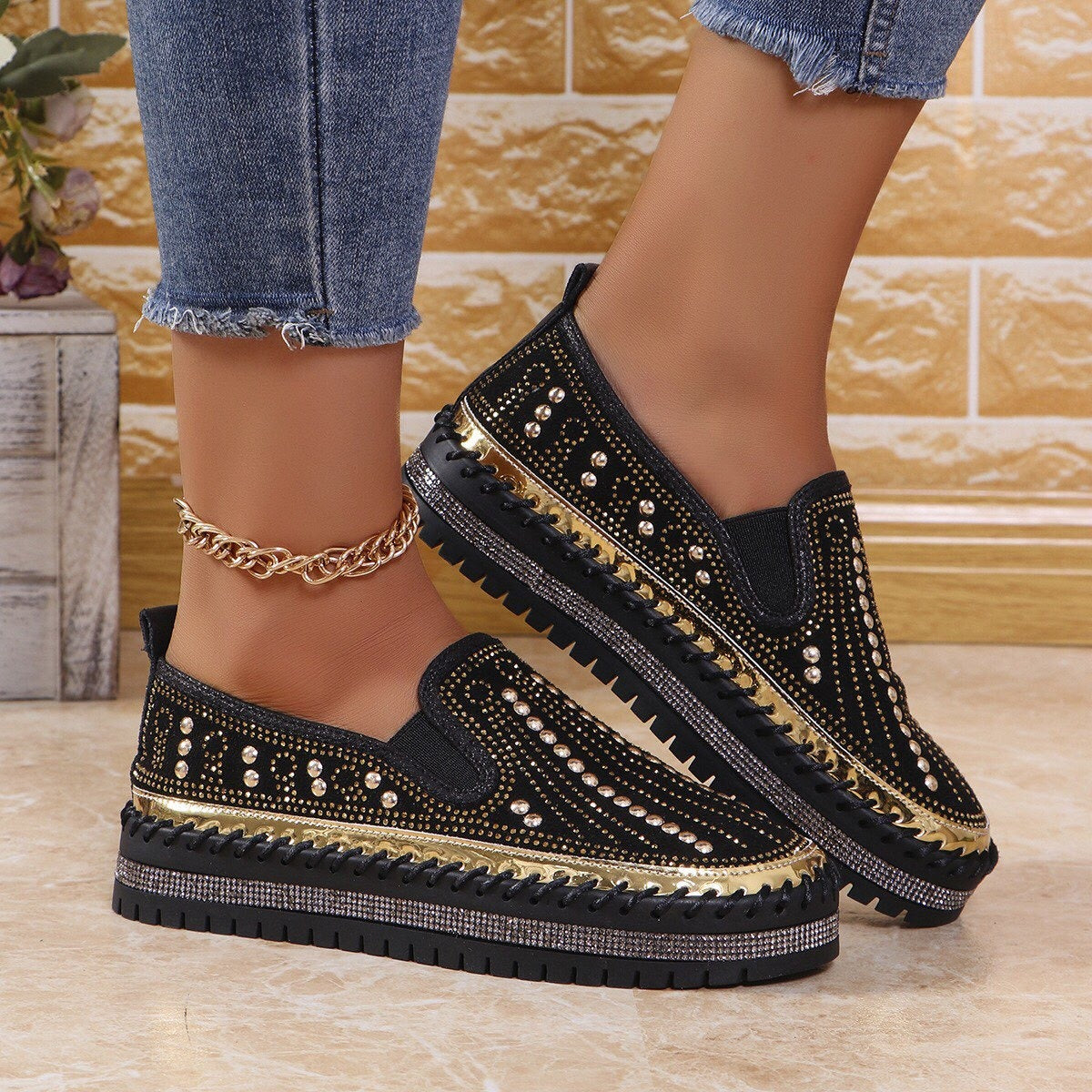 Women's Sparkling Rhinestone Casual Slip-On Platform Shoes