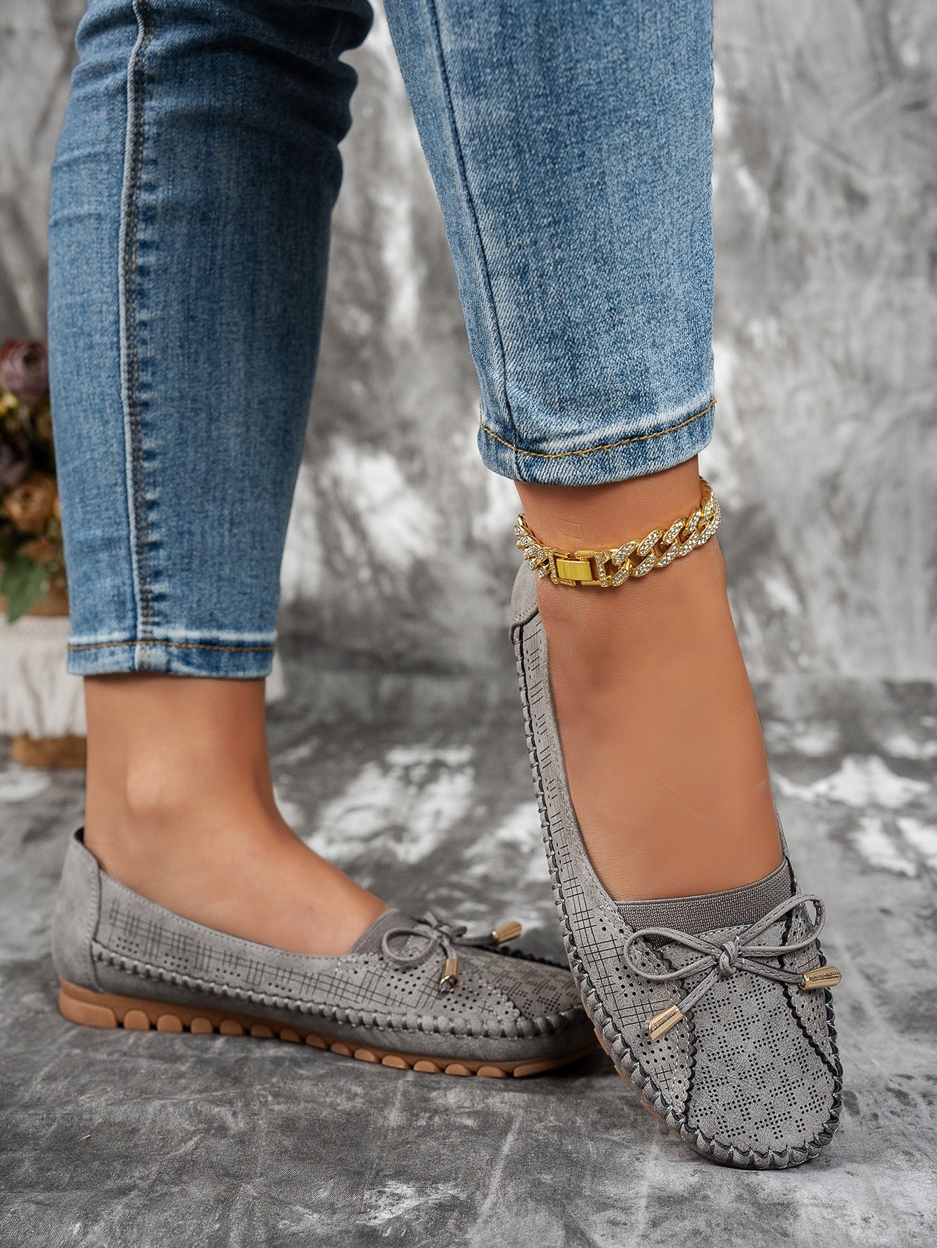 Gray women's bow flat loafers