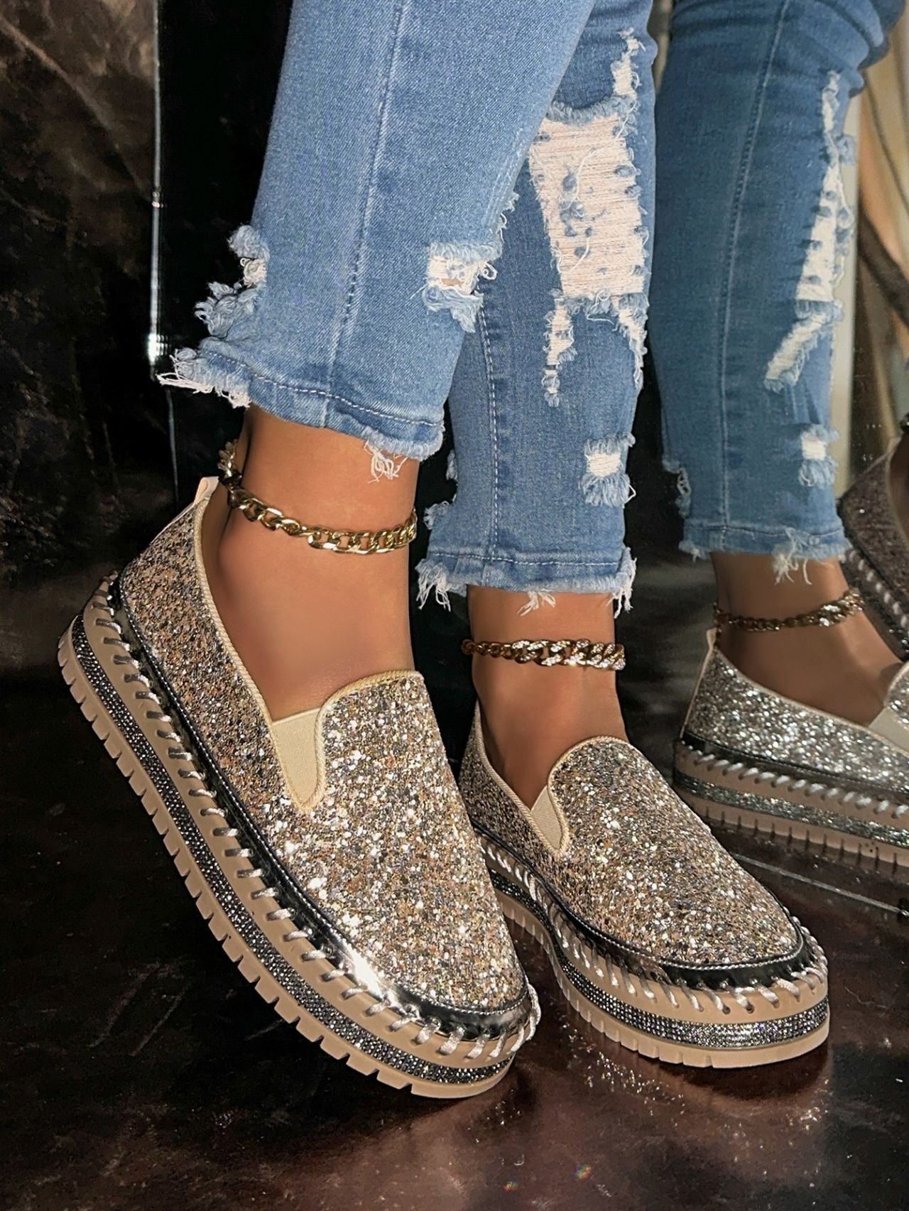 Fashionable Rhinestones Thick-Soled Loafers