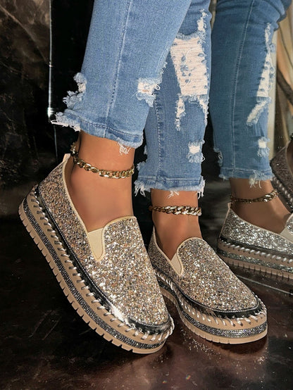 Fashionable Rhinestones Thick-Soled Loafers