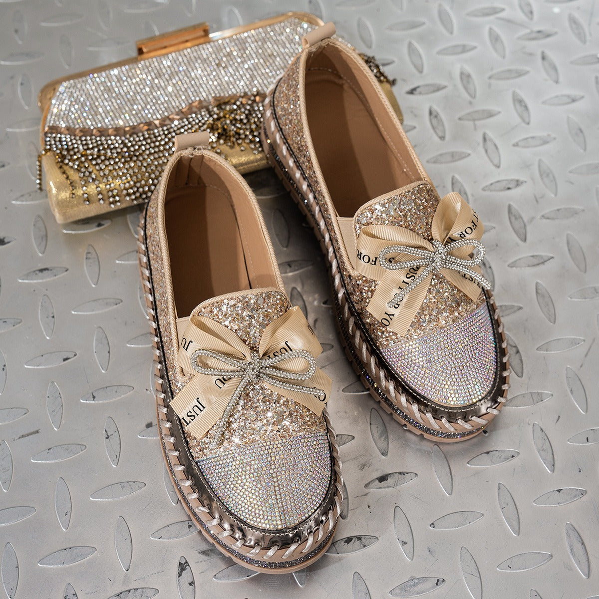 Women's Rhinestone Ribbon Bow Sparkly Shoes