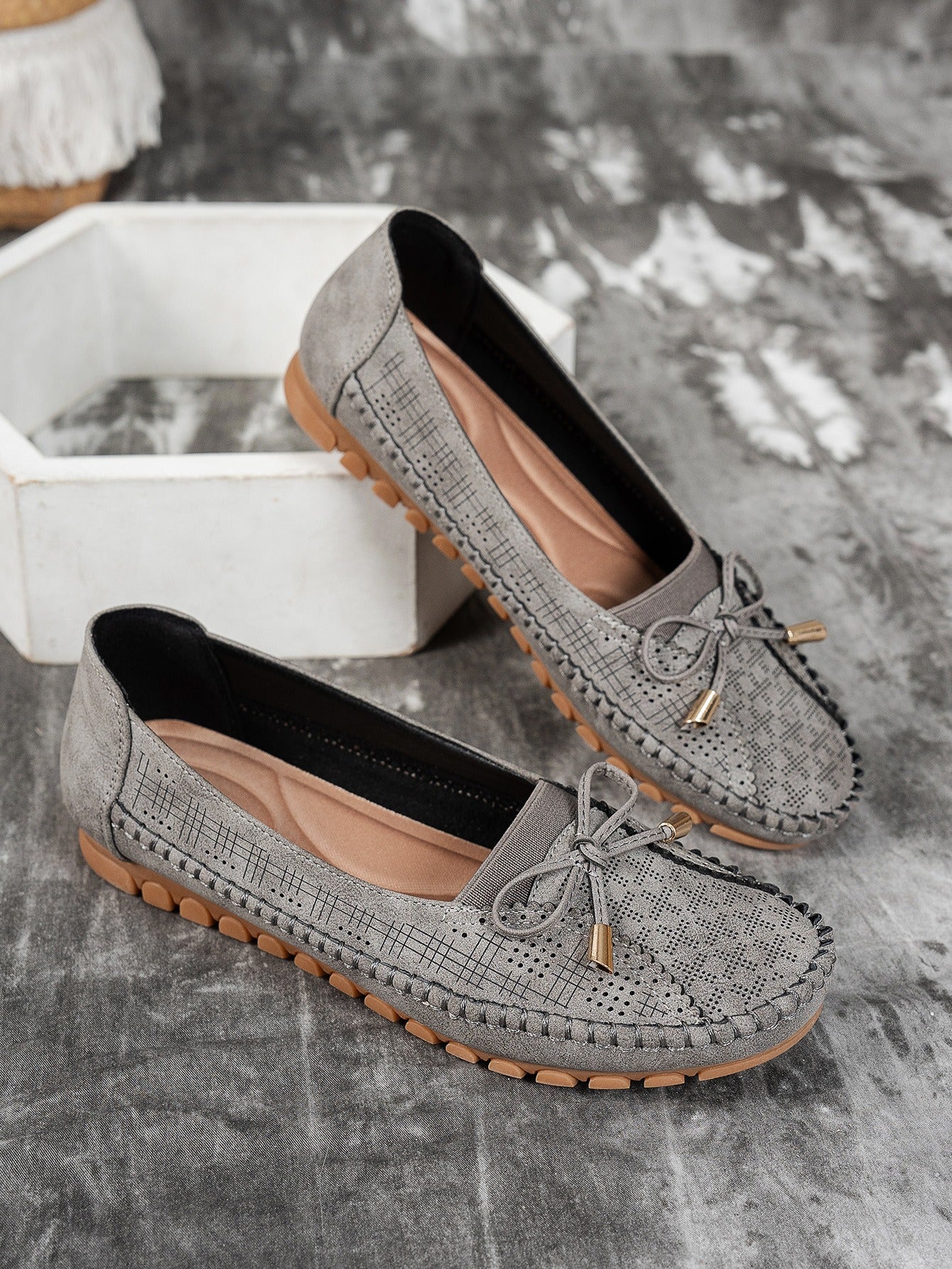 Gray women's bow flat loafers