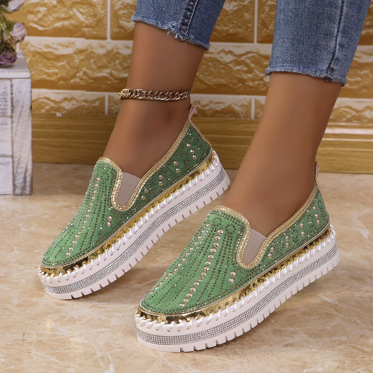 Women's Sparkling Rhinestone Casual Slip-On Platform Shoes