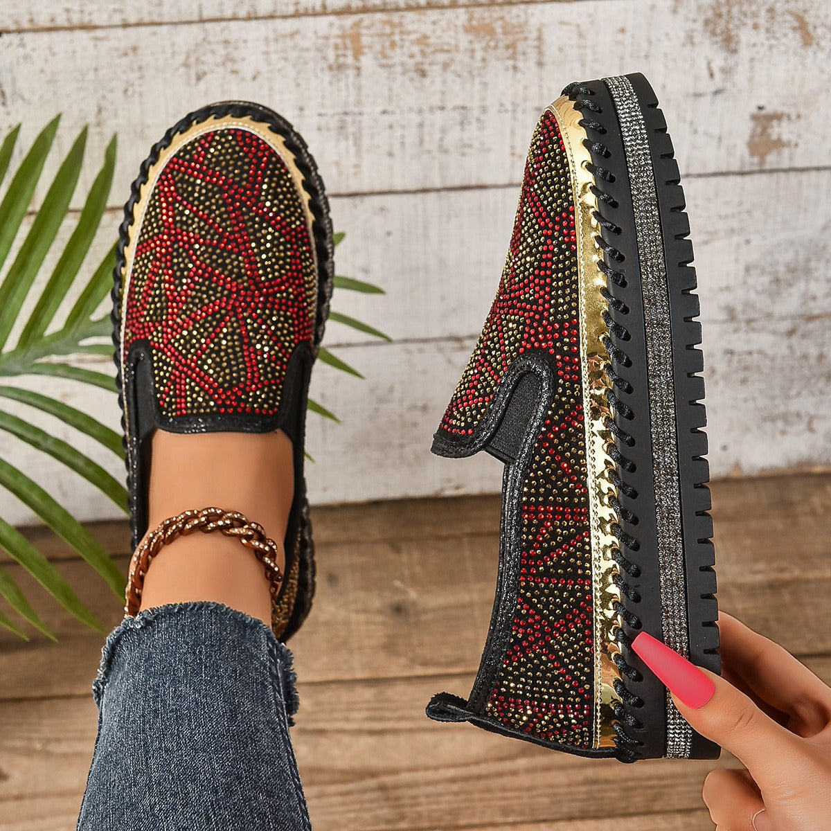 Rhinestones And Thick Platform Versatile Flat Loafers