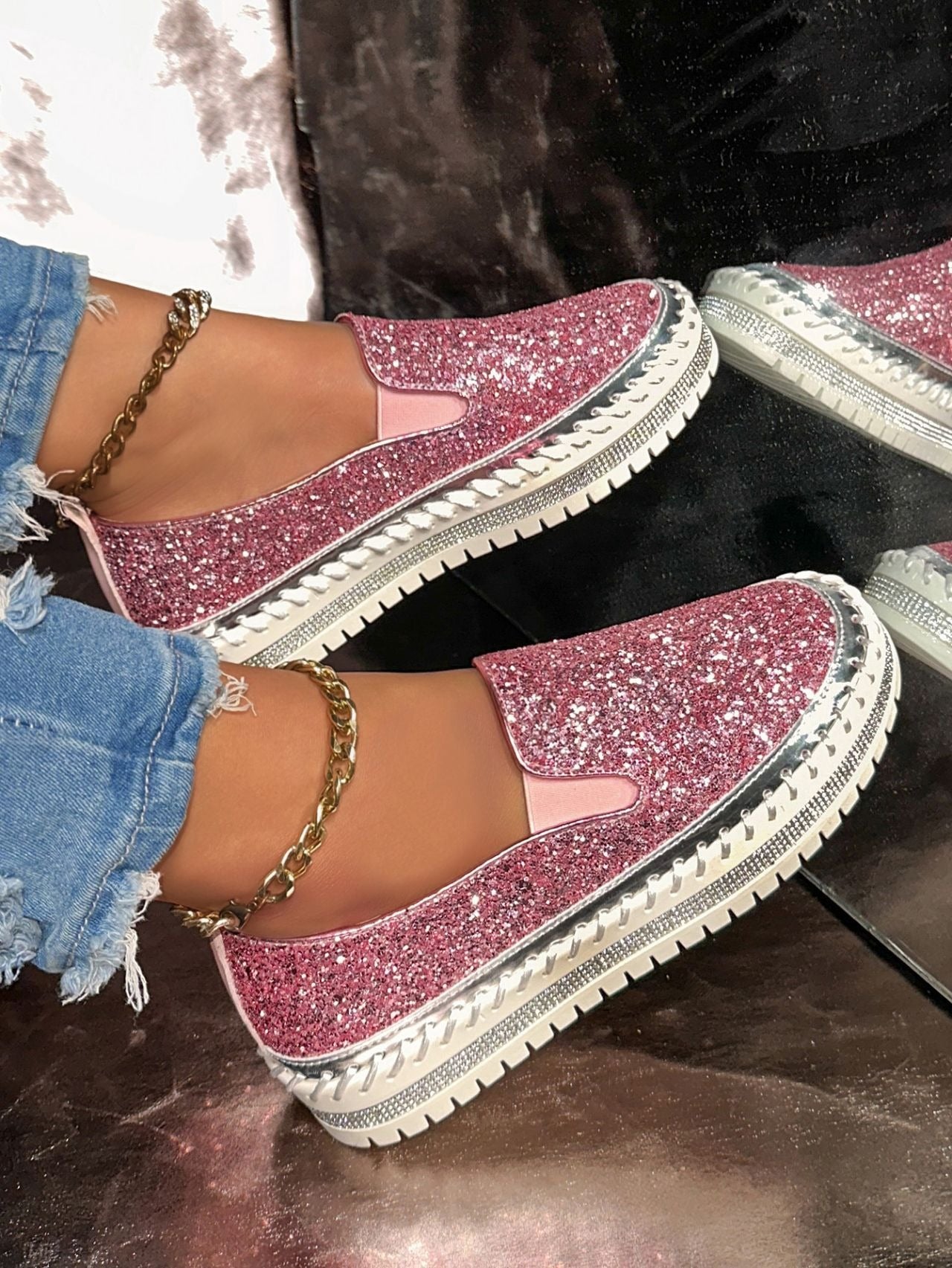 Fashionable Rhinestones Thick-Soled Loafers