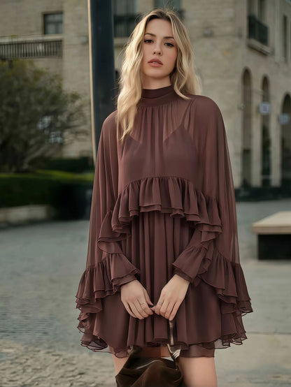 Dusty Rose Tiered Ruffle Cape Dress Set