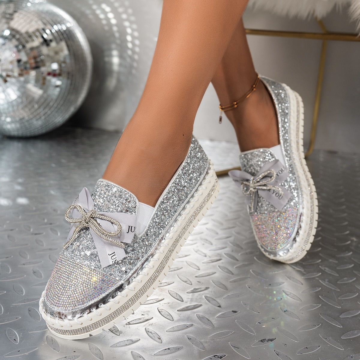 Women's Rhinestone Ribbon Bow Sparkly Shoes