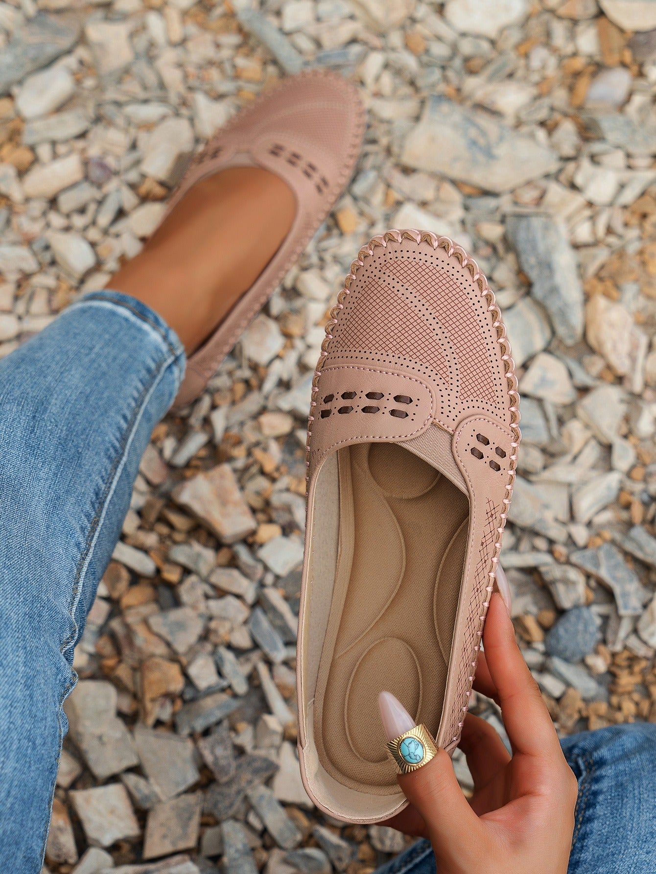 Pink women's stitched laser-cut flat loafers
