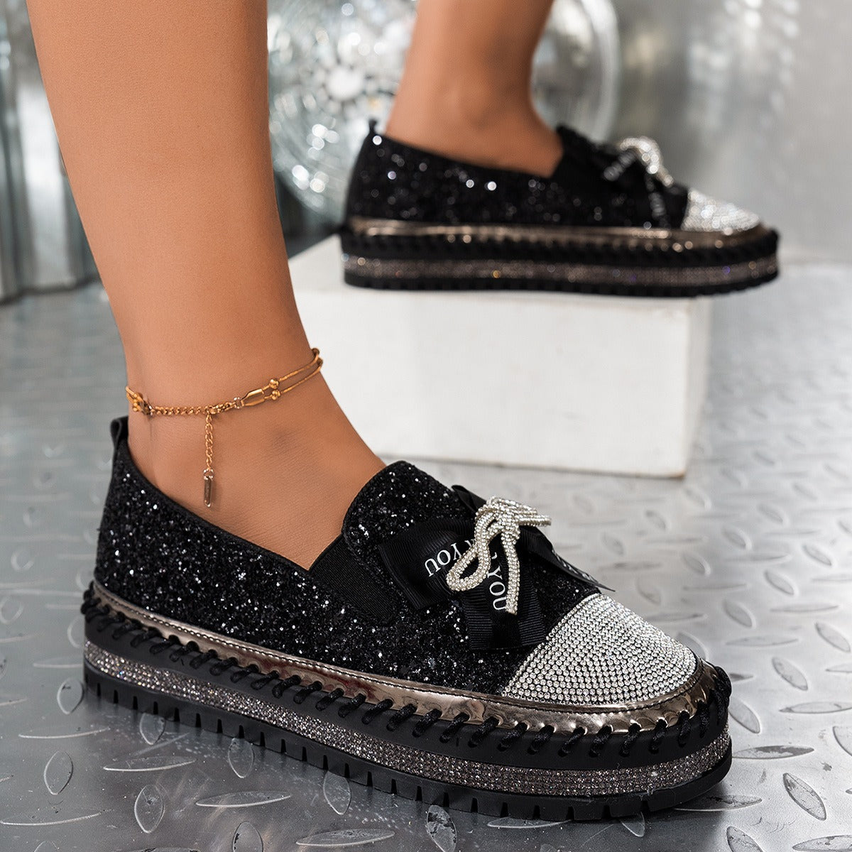 Women's Rhinestone Ribbon Bow Sparkly Shoes