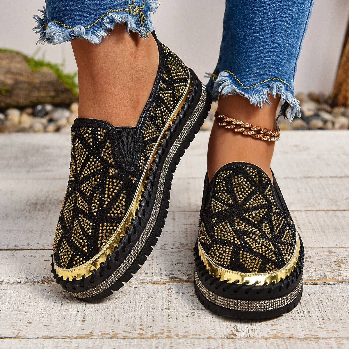 Rhinestones And Thick Platform Versatile Flat Loafers