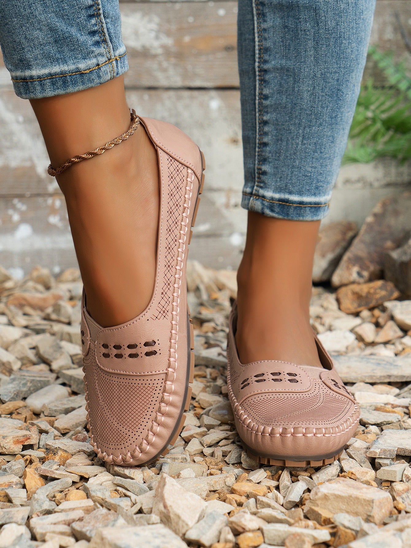 Pink women's stitched laser-cut flat loafers