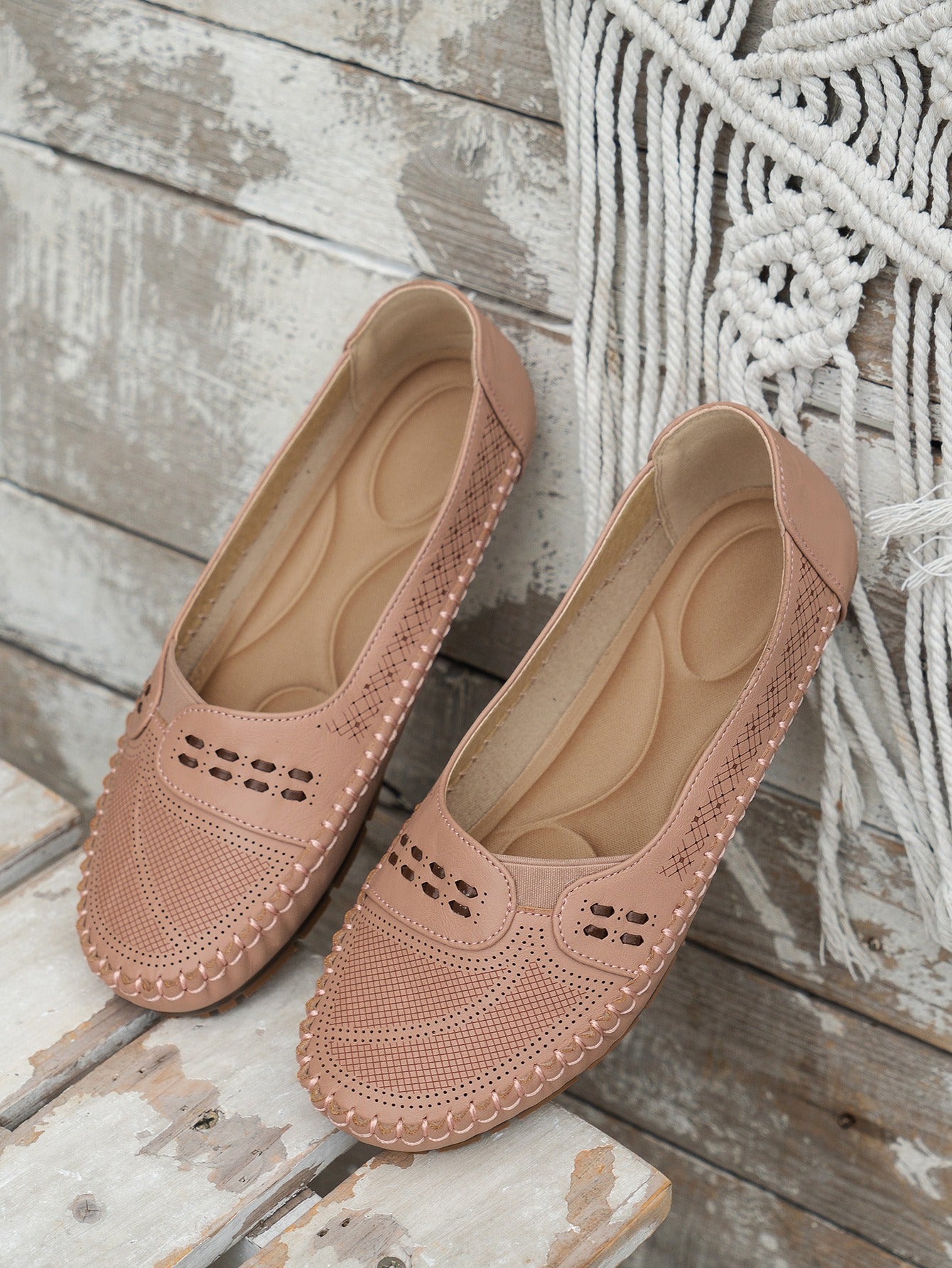 Pink women's stitched laser-cut flat loafers