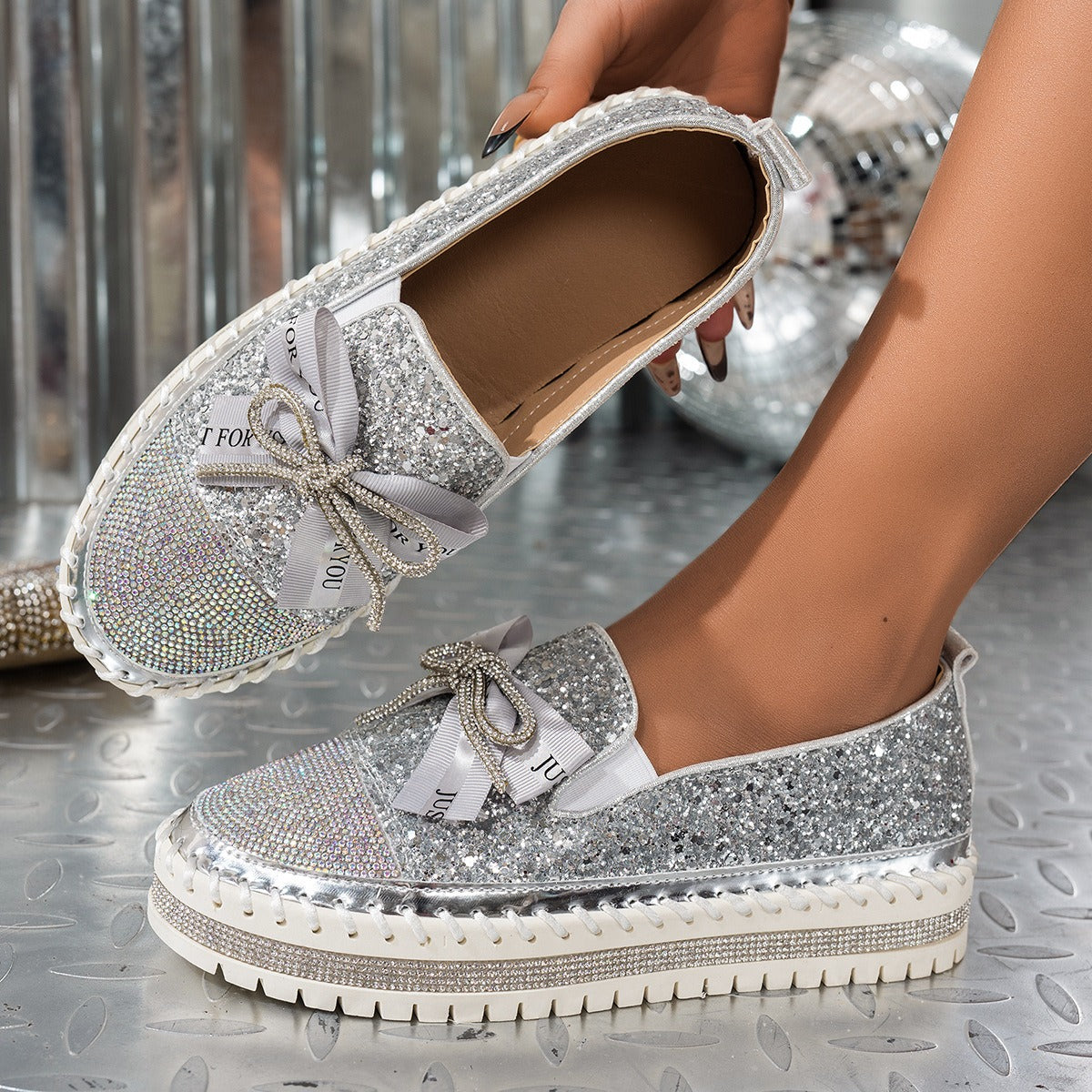 Women's Rhinestone Ribbon Bow Sparkly Shoes