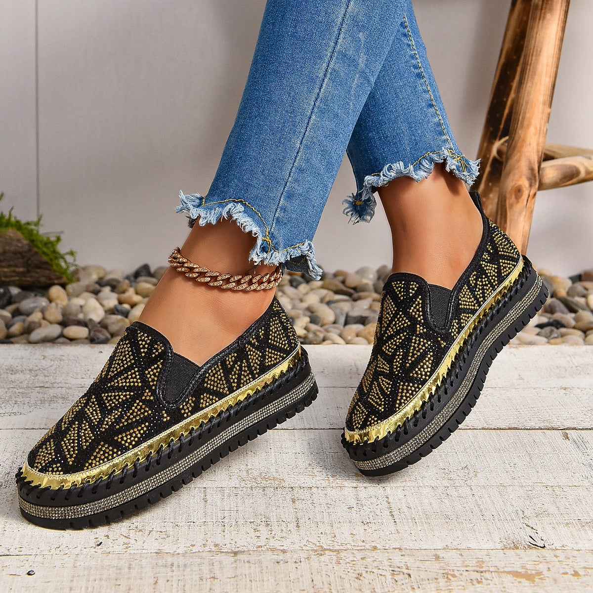 Rhinestones And Thick Platform Versatile Flat Loafers