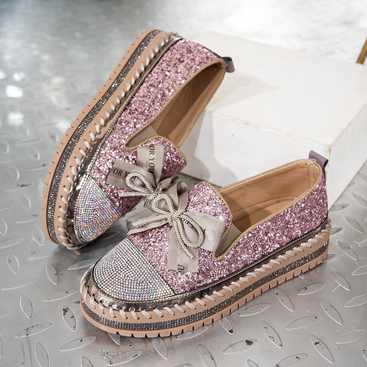 Women's Rhinestone Ribbon Bow Sparkly Shoes