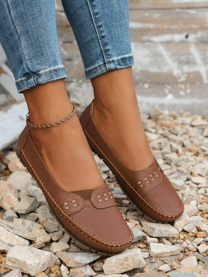 Camel women's stitched laser-cut flat loafers