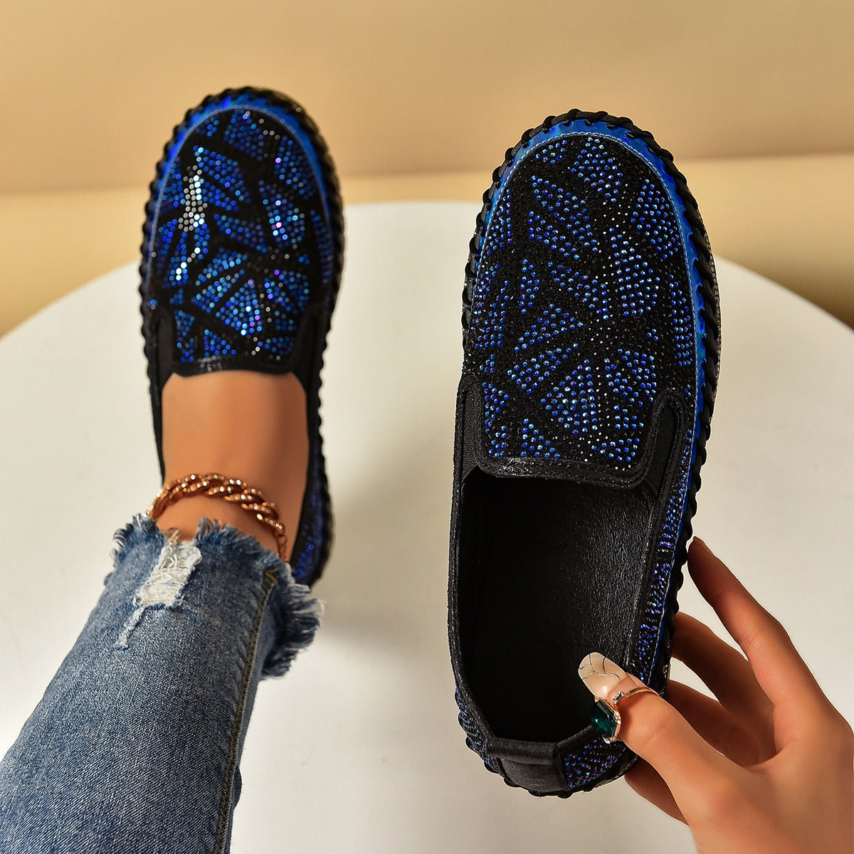 Rhinestones And Thick Platform Versatile Flat Loafers