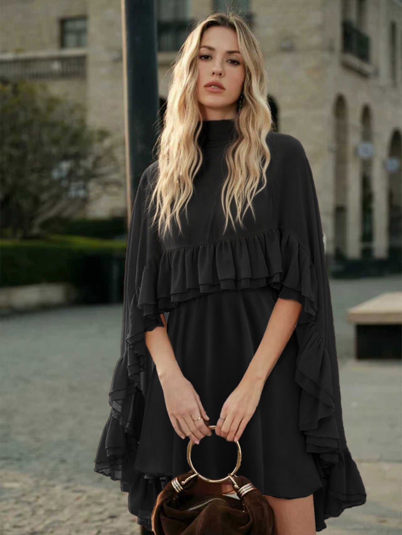 Dusty Rose Tiered Ruffle Cape Dress Set