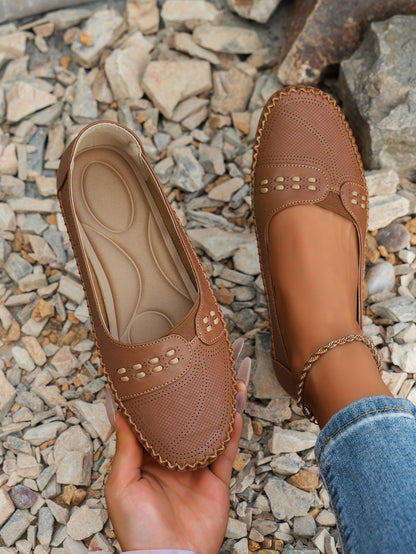 Camel women's stitched laser-cut flat loafers