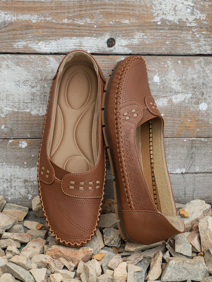 Camel women's stitched laser-cut flat loafers