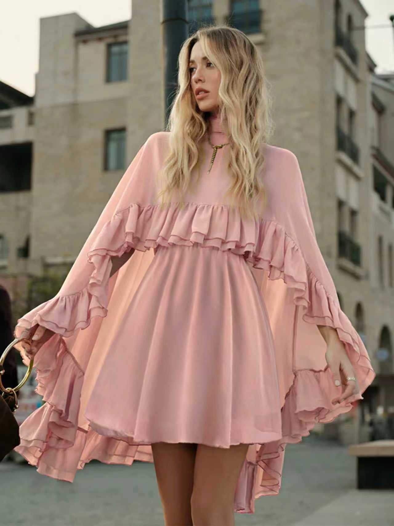Dusty Rose Tiered Ruffle Cape Dress Set