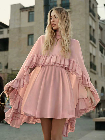 Dusty Rose Tiered Ruffle Cape Dress Set