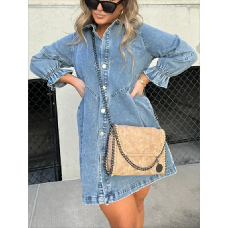 Denim Shirt Dress with Fringed Hem and Flutter Sleeves